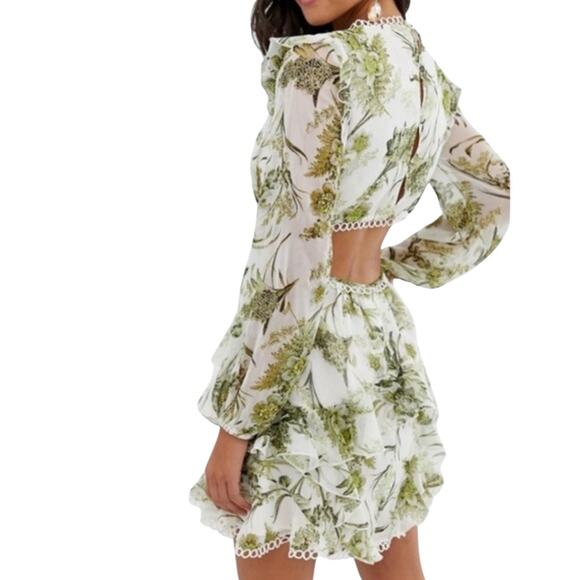 Asos Floral Cluster Embellished Long Sleeve Cut Out Ruffled Mini Dress Size 6 - Picture 4 of 15